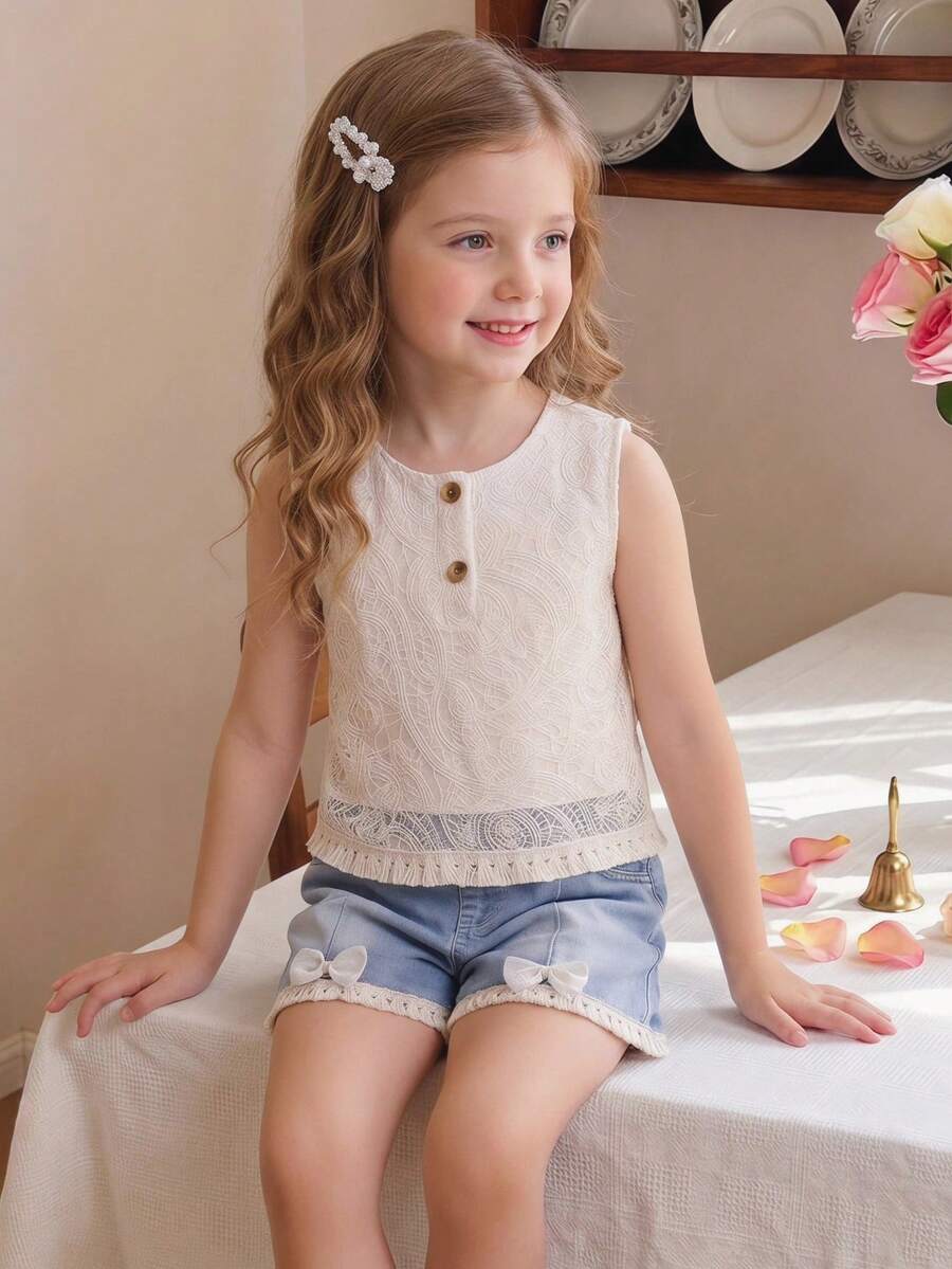SHEIN Vintaside Kids 2件套少女夏季时尚蕾丝边无袖上衣和破洞牛仔短裤套装 - 彩色 - 查看 1