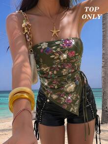 SHEIN MOD Áo ống nữ thời trang mùa hè đính sequin thêu hoa, vạt bất đối xứng - xanh quân đội - Xem 5