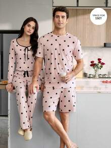 CoupledUp Polka Dot Print Short Sleeve & Shorts Men's Casual Pajama Set - Pink - View 1