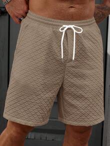 EGENSIO Men's Solid Color Drawstring Pocket Textured Fabric Loose Shorts - Khaki - View 5
