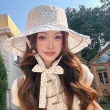 Cirelle 1pc Vintage Polka Dot Sun Bucket Hat For Women, Wide Brim Ruffle Summer Bucket Hat With Neck Ties, Packable Aesthetic Beach Sun Protection Cap - Multicolor - View 14