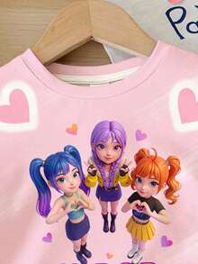 Young Girl K-POP Cartoon Cute Heart Pattern Light Pink 2-Piece Set,Short Sleeve T-Shirt And Knee Length Cycling Shorts,Summer,Family Matching,Daily Wear - Multicolor - View 5