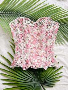 Soleia 年輕性感前衛花卉蕾絲雙層修身魚骨束胸 Bustier，鏤空刺繡塑身衣，無墊肩，復古音樂節派對穿搭，適合熱帶度假、約會、下午茶、海灘郵輪度假、公路旅行城市度假、派對、波希米亞、嬉皮、西部、嘉年華風 - 淺粉色 - 查看 4