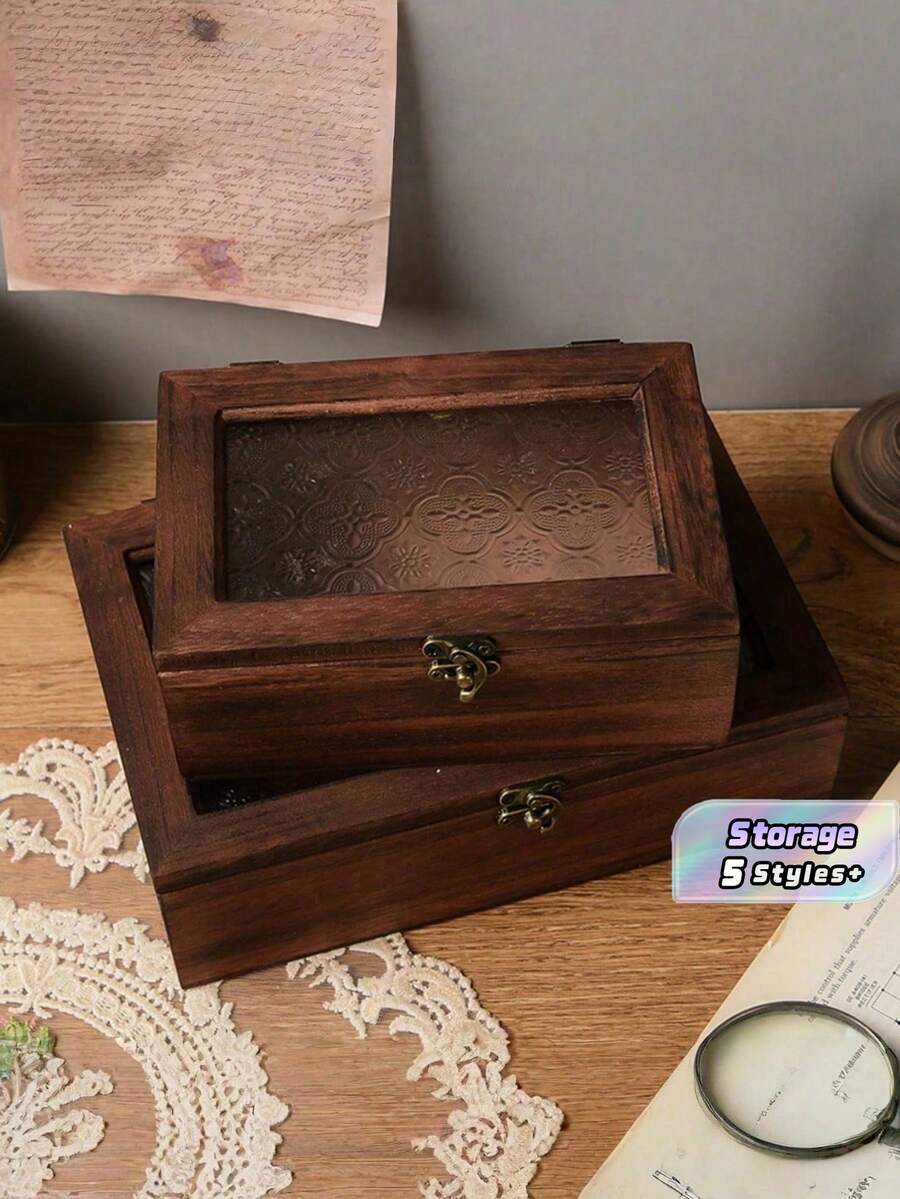 1pc Vintage Handmade Wooden Jewelry Box - With Embossed Metal Lid, Retro Brown Wooden Storage Box With Clasp, Nordic Style Desktop Organizer Box For Storing Jewelry, Small Accessories, Cosmetics - Wood Color - View 1
