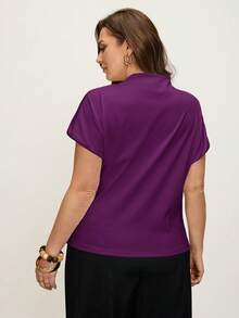 Comfylo 3D Pleated Solid Color Plus Size Short Sleeve Top - Purple - View 5