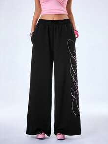 Y2Kool Black And White Floral Slogan Y2K Sporty Casual Sports Loose Sweatpants For Women, Suitable For Spring/Summer Sports, Home, Gathering, Airport - Black - View 3