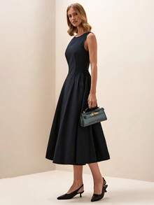 Briarwyn Summer Women's 100% Cotton Solid Color Round Neck Sleeveless Boat Neck A Line Elegant Dress,Office Outfits For Women, Summer Dress,Black Dress - Black - View 5