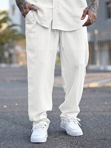 Devon Thys 男士纯色V领单排扣短袖衬衫搭配抽绳腰阔腿裤休闲套装 - 白色 - 查看 4