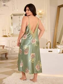 MuseNap CURVE 1pc Women's Plus Size Sexy Satin Slip Dress, Elegant Green Floral Print, Lace Trim, Suitable For All Seasons - Green - View 3