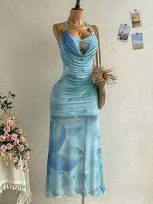 Soleia 女士性感浪漫露背系带拼接胸衣金属花朵装饰深V垂褶鱼尾连衣裙，适合海滩、邮轮、度假等场合。 - 彩色 - 查看 7