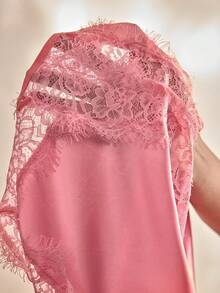 Charlaine 1pc French Chic Autumn Wedding Lace Floral Spaghetti Strap Summer Holiday Nightgown, Romantic Minimalist Elegant Satin Nightdress For Women - Pink - View 8