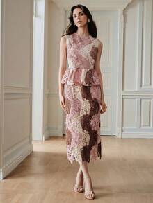 Anewsta Koleksi Terbaru Musim Semi/Panas, Atasan Kasual Tanpa Lengan Elegan dengan Leher Bulat dan Kain Renda Daun Warna-warni untuk Wanita - Berwarna merah muda - View 4