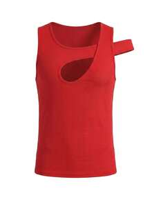 Manfinity Dauomo Áo tank top nam ôm sát, thiết kế bất đối xứng, khoét rỗng gợi cảm, thích hợp cho mùa hè. - Đỏ - Xem 3