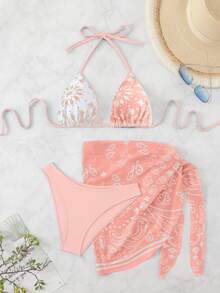 Swim Vcay Bộ bikini hai mảnh gợi cảm buộc dây cổ và quần tam giác dành cho nữ mùa hè đi biển, kèm váy ngắn. - Hồng - Xem 1