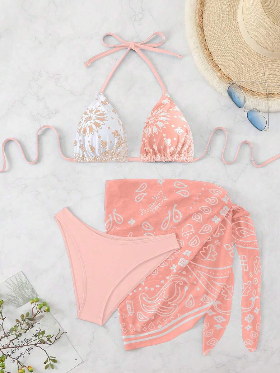 Swim Vcay Bộ bikini hai mảnh gợi cảm buộc dây cổ và quần tam giác dành cho nữ mùa hè đi biển, kèm váy ngắn. - Hồng - Xem 1