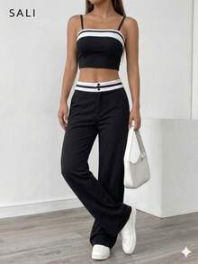 Conjunto para Mujer Pantalón Pierna Recta y Top Strapless con Cintas Decorativas. - Negro - Ver 2