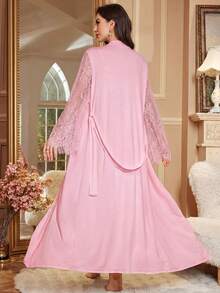 SHEIN Sexy High Slit Robe & Elegant Robe 2-Piece Sleepwear Set For Women, Autumn/Winter - Pink - View 2
