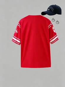 SHEIN ChillGRL Camiseta de manga corta con cuello en V y estampado de pentagrama, versátil y casual, adecuada para deportes, compras y uso diario, para niñas preadolescentes - Rojo - Ver 2