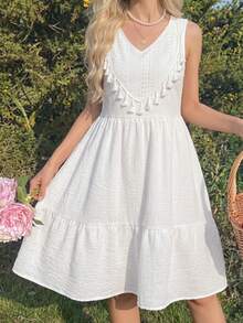 SHEIN Girls' Sleeveless Elegant And Fashionable Simple Dress, Suitable For Outdoor Travel And Vacation Wear - White - View 1