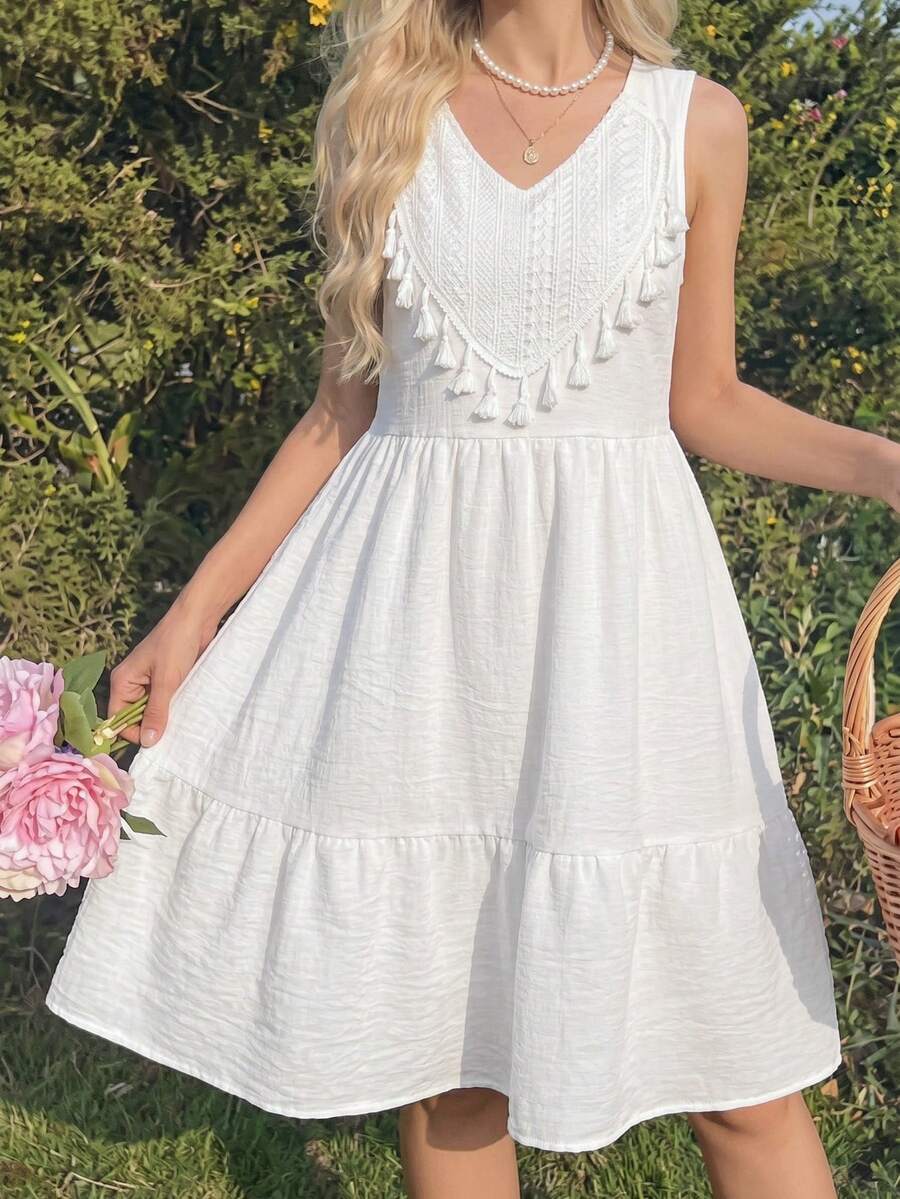 SHEIN Girls' Sleeveless Elegant And Fashionable Simple Dress, Suitable For Outdoor Travel And Vacation Wear - White - View 1