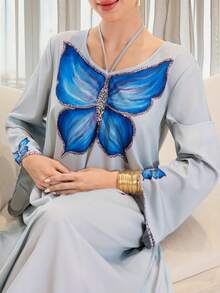Yasmyna 女士宽松蝴蝶印花长袖阿拉伯风格连衣裙 - 彩色 - 查看 1