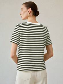 MOTF PREMIUM WOMEN'S ALL-MATCH ROUND NECK SHORT SLEEVE T-SHIRT, CASUAL VERSATILE STRIPED TOP FOR SUMMER - Green - View 2
