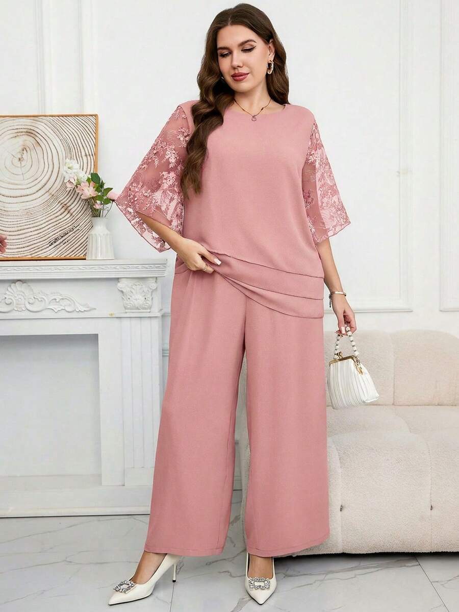 Reflora Plus Size Women Mesh Short Sleeve Blouse And Wide Leg Pants Elegant 2 Pieces Set - Pink - View 1