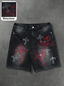 Manfinity EMRG Quần short denim đen mài bóng dành cho nam, thiết kế hình thánh giá Gothic đính đá, phong cách đường phố. - màu đen - Xem 1