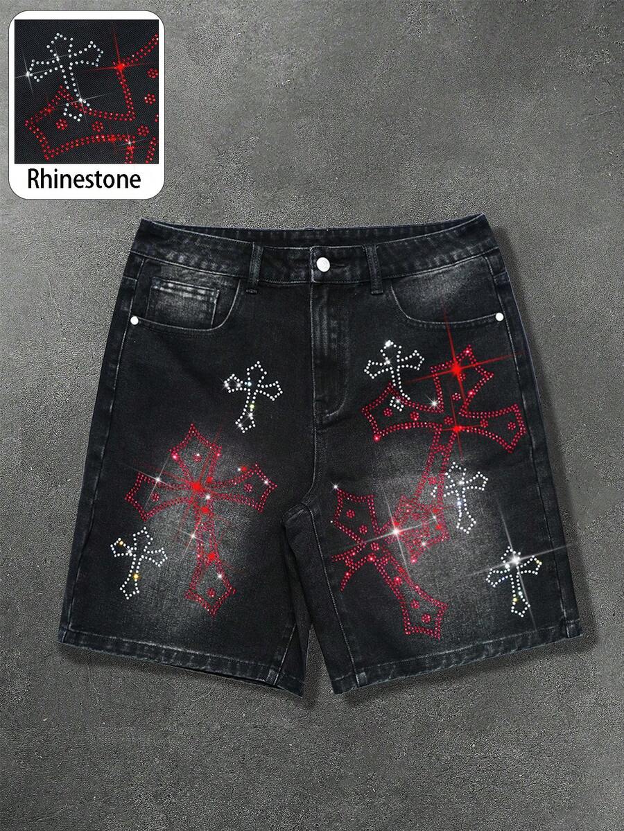 Manfinity EMRG Quần short denim đen mài bóng dành cho nam, thiết kế hình thánh giá Gothic đính đá, phong cách đường phố. - màu đen - Xem 1