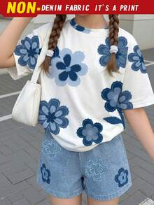 SHEIN 2件套，适合4-7岁女童，复古/乡村风渐变蓝色花卉印花+蓝色纹理短袖T恤+短裤，轻盈透气，适合日常、上学、生日派对、野餐、儿童节、春夏秋季穿着。 - 彩色 - 查看 3