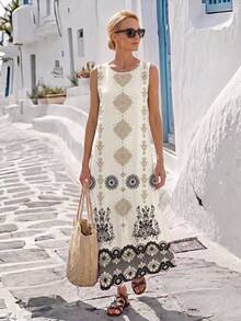 Faunlyn Women's Vacation Floral Print Versatile Round Neck Sleeveless Dress - Multicolor - View 5