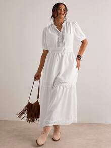 Freevana Vestido maxi elegante de manga corta con cuello con muesca y ribete de encaje, color blanco sólido, adecuado para uso diario y vacaciones, primavera/verano, talla grande para mujer - Blanco - Ver 4