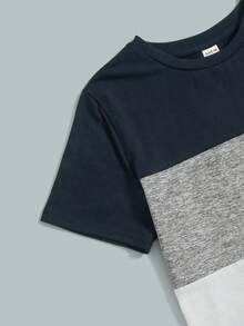 SHEIN Tween Boy Casual Comfortable Contrast Color Round Neck Short Sleeve Top And Solid Color Shorts 2-Piece Set - Navy Blue - View 5