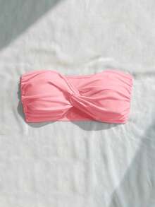 Swim Vcay 女款素色扭轉前胸平口比基尼上衣，適合海灘與度假 - 粉色 - 查看 5