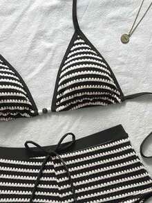 Swim Vcay Conjunto de traje de baño para mujer con top triangular a rayas y calzones de cintura alta, nueva colección Primavera/Verano 2026 - Blanco y Negro - Ver 4