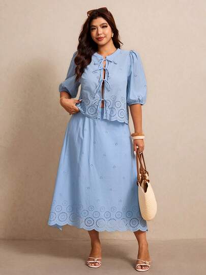 Elaquor Plus Size Women Solid Color Hollow Out Embroidery Knotted Casual Vacation Blouse