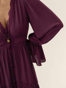Willow Rêve Dark Purple V-Neck Lace Trim Chiffon Flowy Long Maxi Dress, Elegant Vacation Holiday Boho Style - Burgundy - View 4