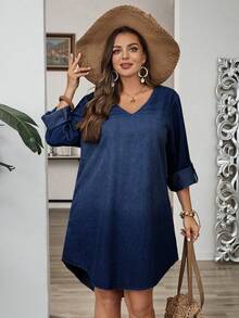 EMERY ROSE EMERY ROSE Vestido de mezclilla casual con cuello en V, mangas con volantes y bajo asimétrico para mujer de talla grande - Azul lavado oscuro - Ver 4