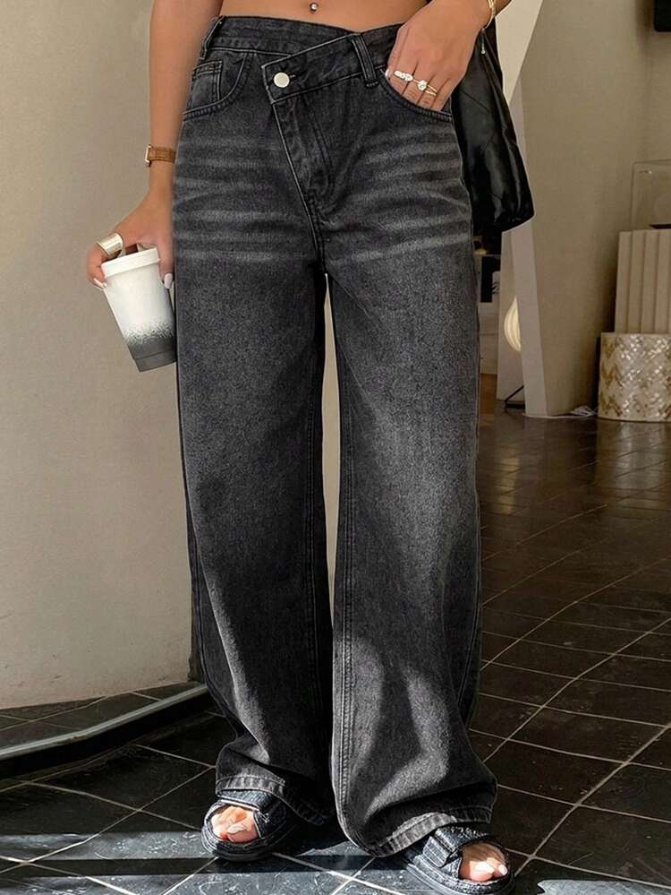 Women's Casual Fashionable Street Style Everyday Commute Low-Waist Rhinestone Letter Graphic Straight Leg Jeans