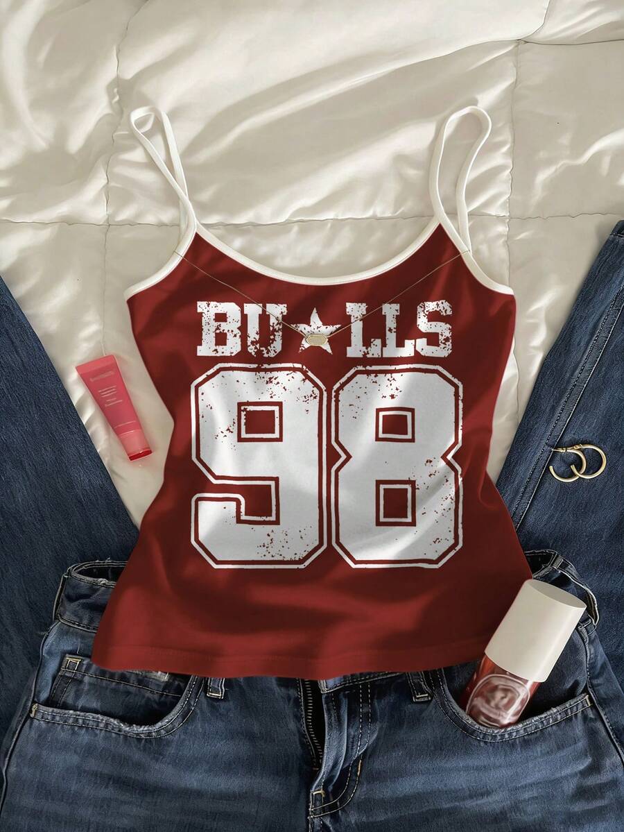 Rovax Women's Fitted Tank Top,Dark Red Summer Casual City Break Retro Streetwear,Digital Sports Print Burgundy-And-White Color-Block Letter Number T-Shirt - White - View 1