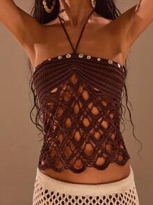 Opulessa Handmade Hollow Out Knitted Halter Neck Top - Brown - View 5