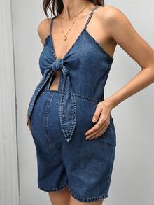 SHEIN Bộ áo liền quần cho bà bầu với thiết kế thắt nút phía trước và khoét eo. - Rửa trung bình - Xem 6