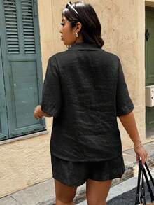Calvaya Conjunto informal de 2 piezas de talla grande: camisa de manga corta y pantalones cortos de unicolor, moda para el verano - Negro - Ver 2