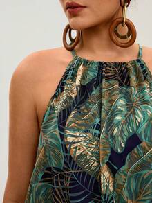 SHEIN VCAY Plus Size Floral Print White Halter Romper, Drawstring Waist Jumpsuit, Casual Countryside Mother's Day Jumpsuit - Green - View 4