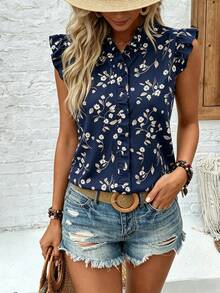 EMERY ROSE Women's Summer Casual Boho Vacation Floral Print Ruffle Trim Blouse Vacation Navy Blue Floral - Royal Blue - View 4