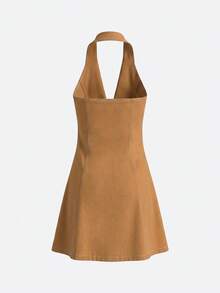 lacRébo Brown Denim Ditsy Floral V-Neck Sleeveless Dress, Slim Fit, Vintage Elegant French Style Cotton Dress For Spring And Summer - Orange - View 7