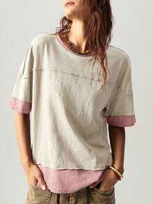 Bohemela Kaos Rajut Kasual Motif Blok Warna Leher Bulat Longgar Lengan Pendek untuk Wanita - Aprikot - View 6