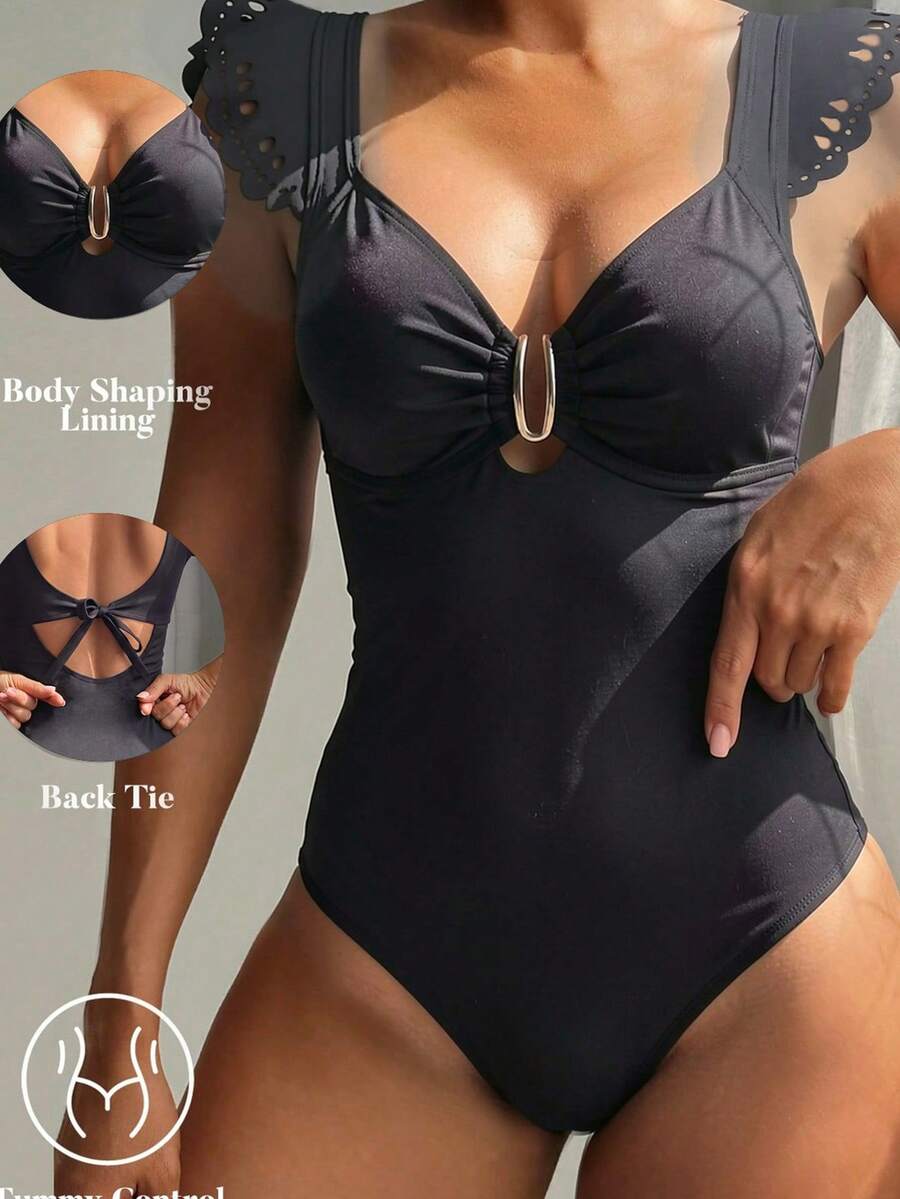 Shapewave Traje de baño de una pieza con diseño de alas de mariposa en los hombros, adecuado para vacaciones - Negro - Ver 1