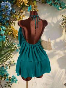 Amplova Bộ đồ hai mảnh bằng vải chiffon dành cho nữ: Áo quây hở lưng với vạt áo bất đối xứng và bèo nhún hai lớp, kết hợp với chân váy ngắn, gợi cảm và phá cách, thích hợp cho kỳ nghỉ. - Màu xanh lá cây đậm - Xem 11