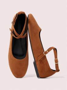 CUCCOO DOLLMOD Giày Mary Jane da lộn màu caramel cổ điển, khóa đôi, mũi vuông, đế bằng, kiểu dáng nhẹ nhàng, thoáng mát dành cho nữ đi làm. - Màu caramel - Xem 3